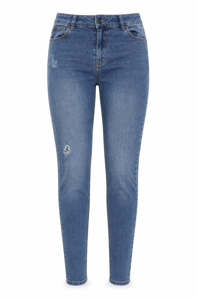 Front view of Denim & Co. women’s blue cotton blend skinny jeans, size UK 10, 28-inch leg regular zip
