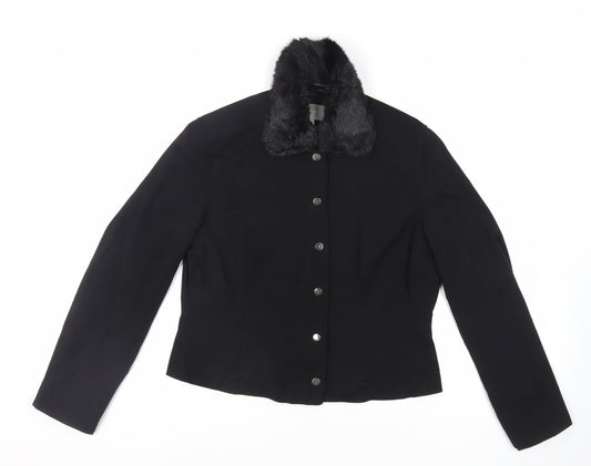 Per Una Womens Black Jacket Size 16 Snap - Faux Fur Collar