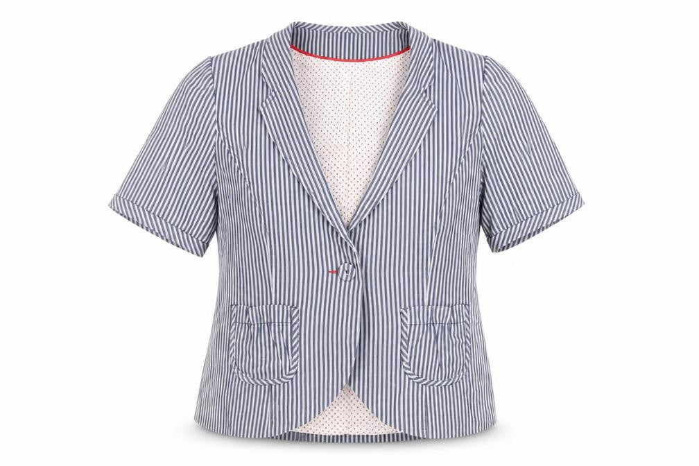 Front view of Red Herring women’s blue striped jacket blazer, size UK 14, button