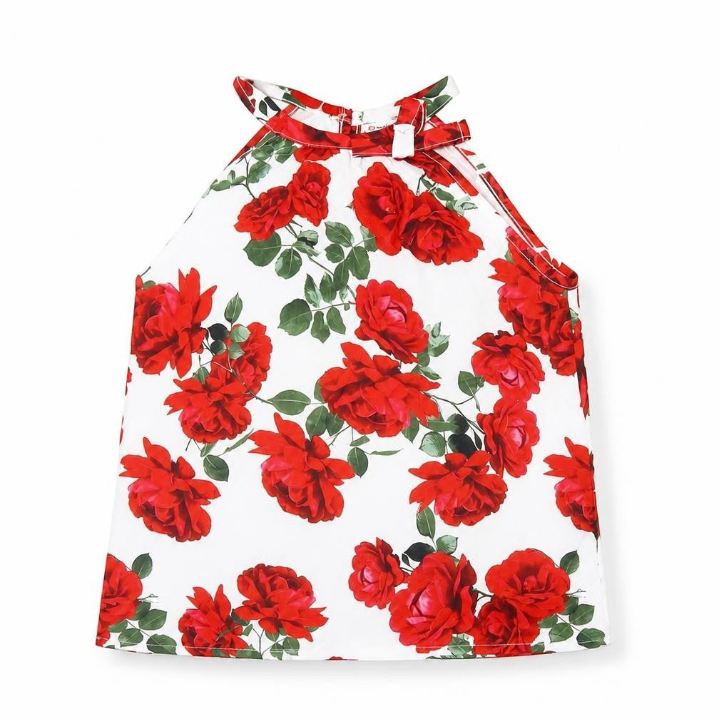 Front view of PatPat girls’ white floral polyester basic blouse, size 9-10, years halter button