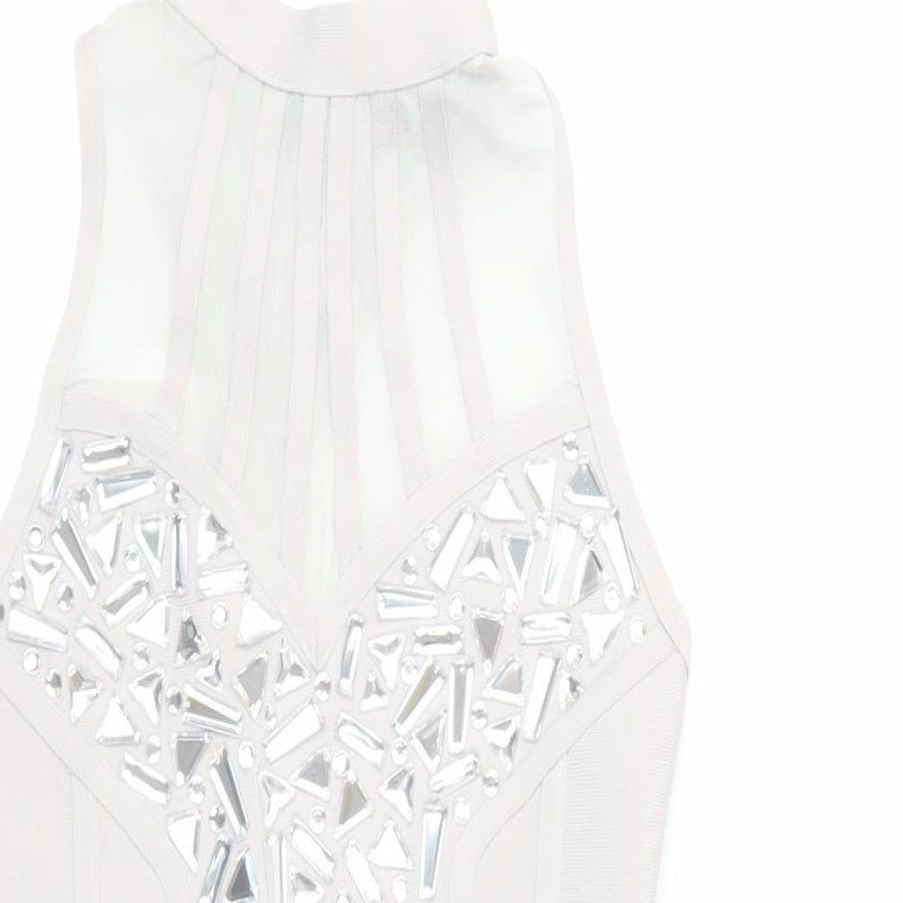 Boohoo Womens Grey Polyester Bodycon Size 8 Halter Hook & Eye - Embellished