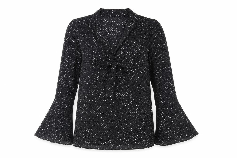 Warehouse Womens Black Geometric Polyester Basic Blouse Size 8 V-Neck - Tie Neck