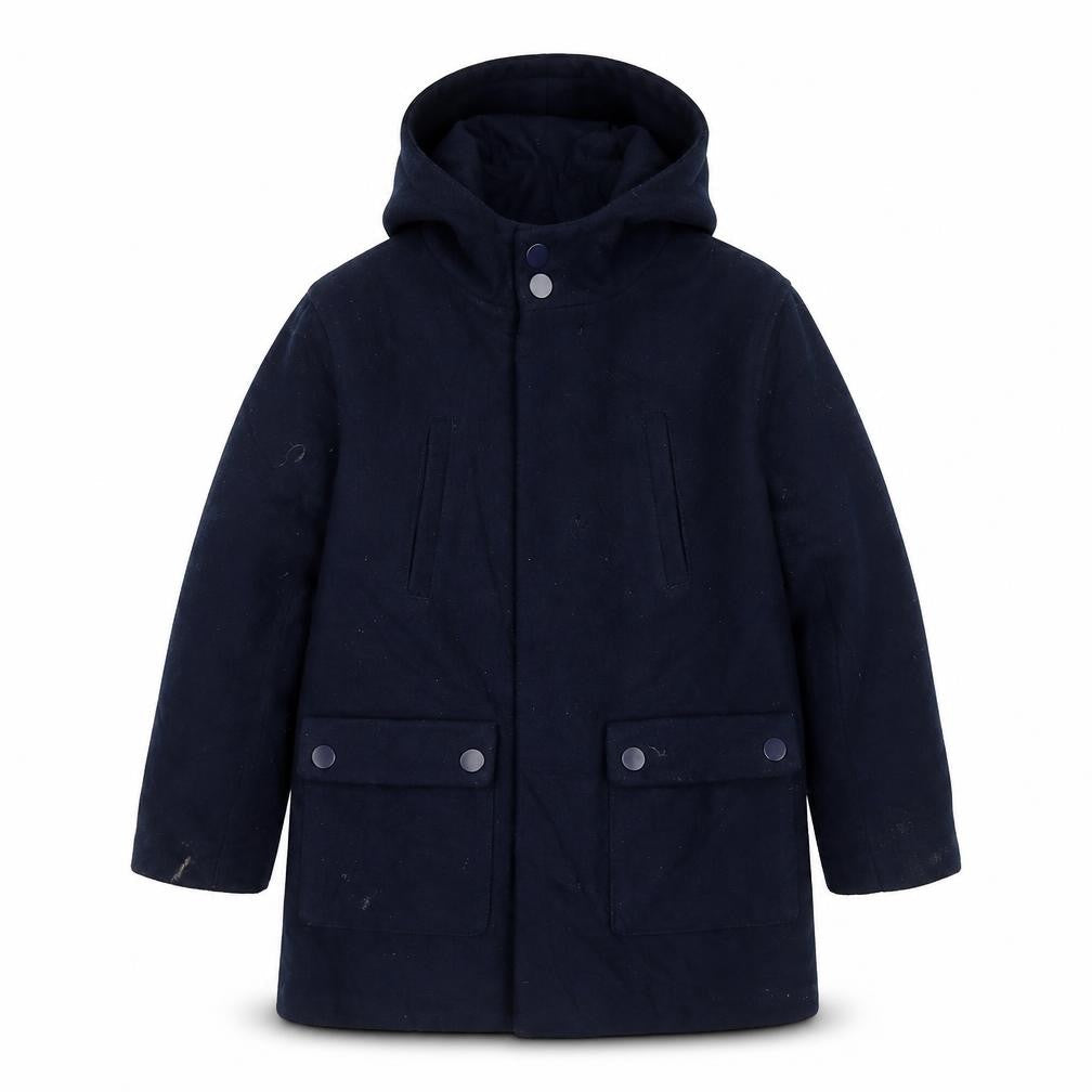 Front view of Minoti boys’ blue overcoat coat, size 4-5, years zip