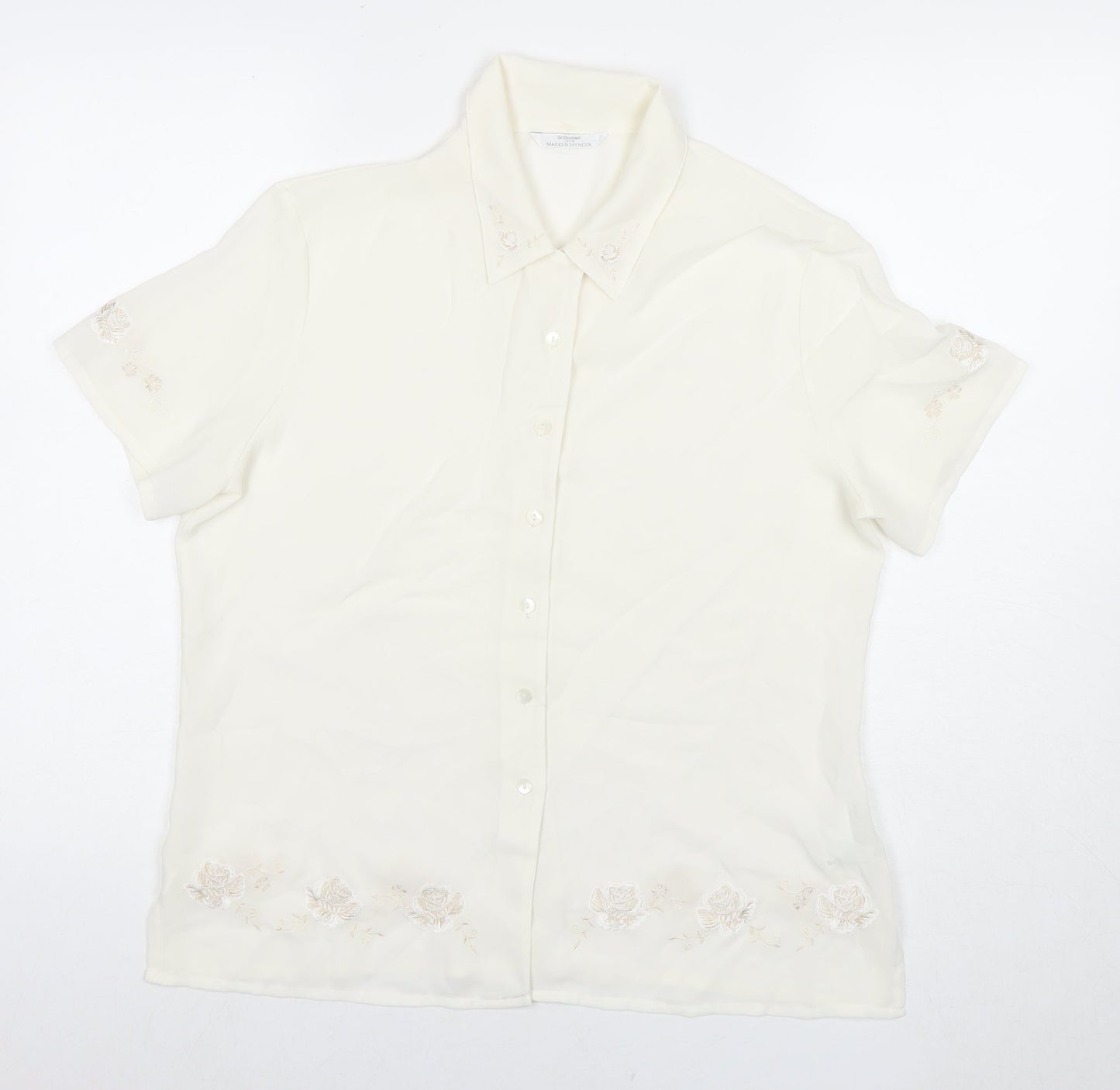 St Michael Womens White Polyester Basic Button-Up Size 14 Collared - Embraided Flowers