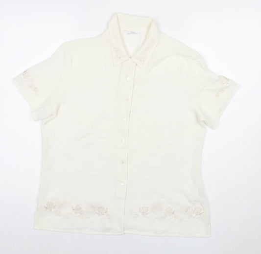 St Michael Womens White Polyester Basic Button-Up Size 14 Collared - Embraided Flowers