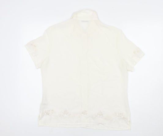 St Michael Womens White Polyester Basic Button-Up Size 14 Collared - Embraided Flowers