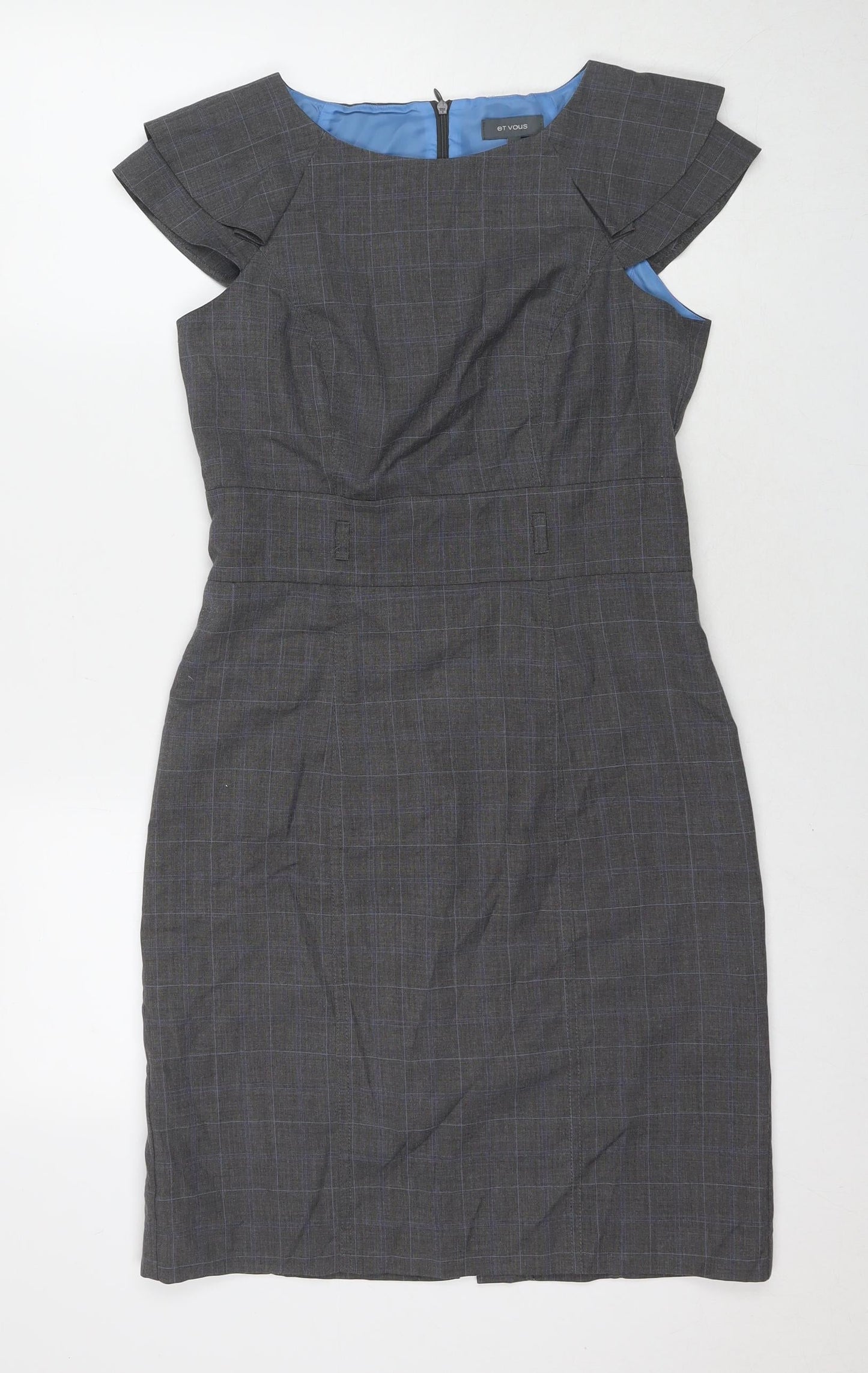 Et Vous Womens Grey Check Polyester A-Line Size 10 Boat Neck Zip