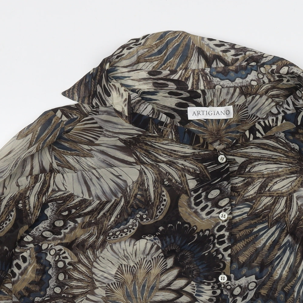 Artigiano Womens Brown Floral Polyester Basic Button-Up Size 14 Collared