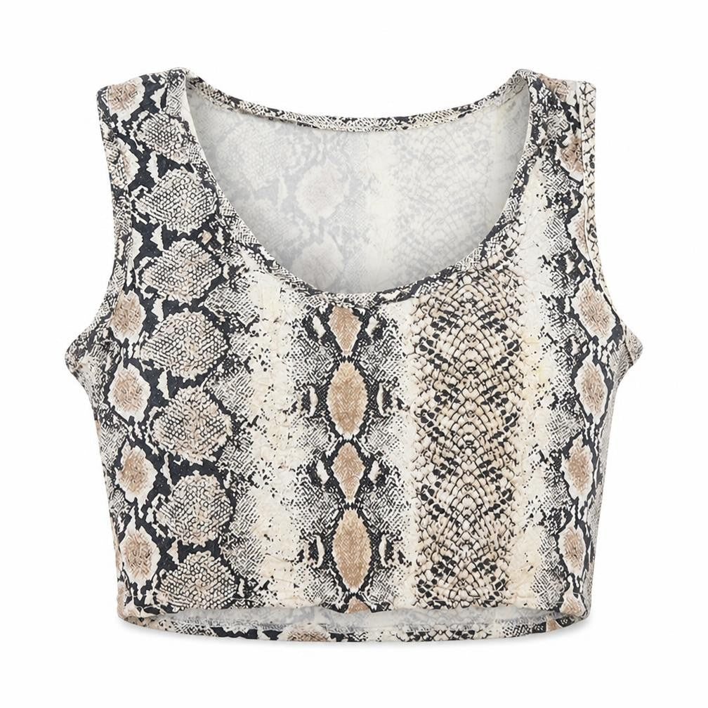 PRETTYLITTLETHING Womens Brown Animal Print Viscose Cropped Tank Size 10 Round Neck - Snake Pattern