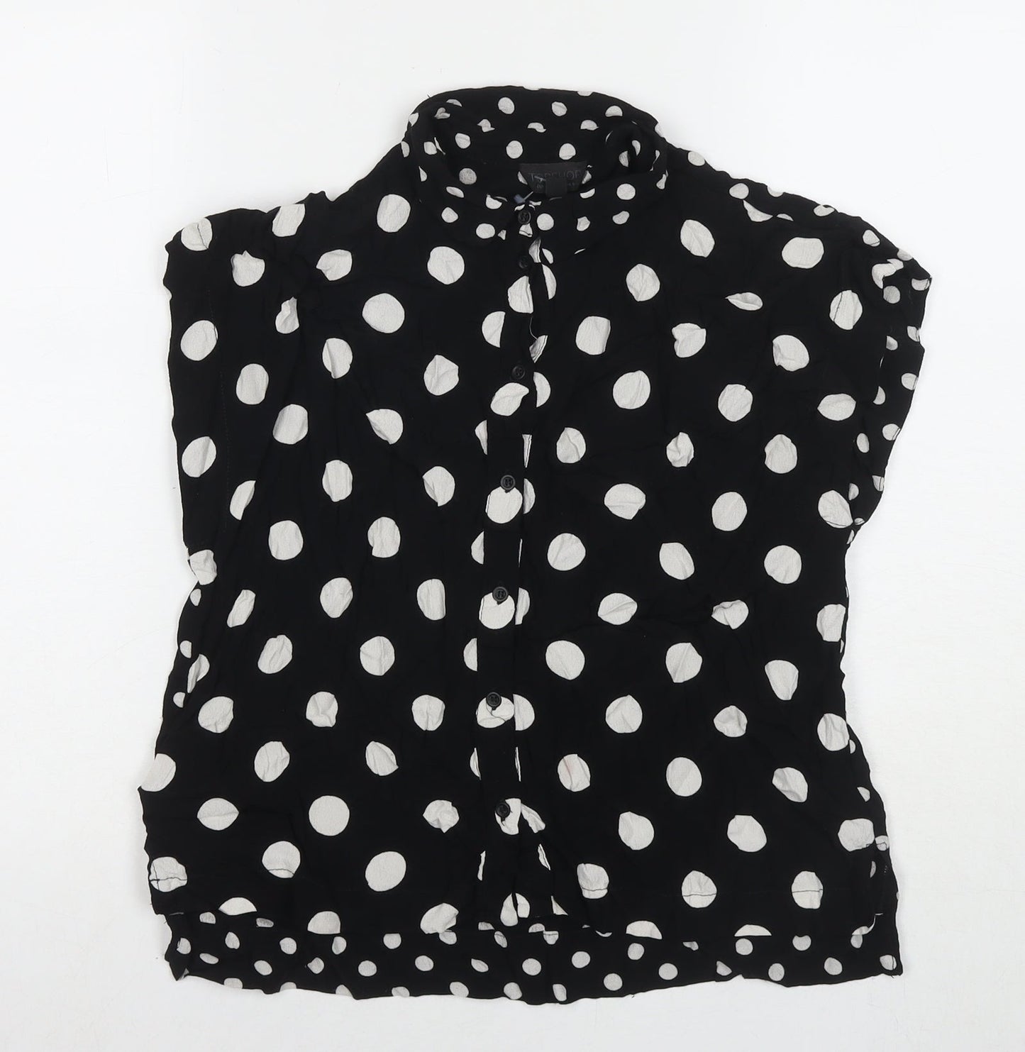 Topshop Womens Black Polka Dot Viscose Basic Button-Up Size 8 Collared