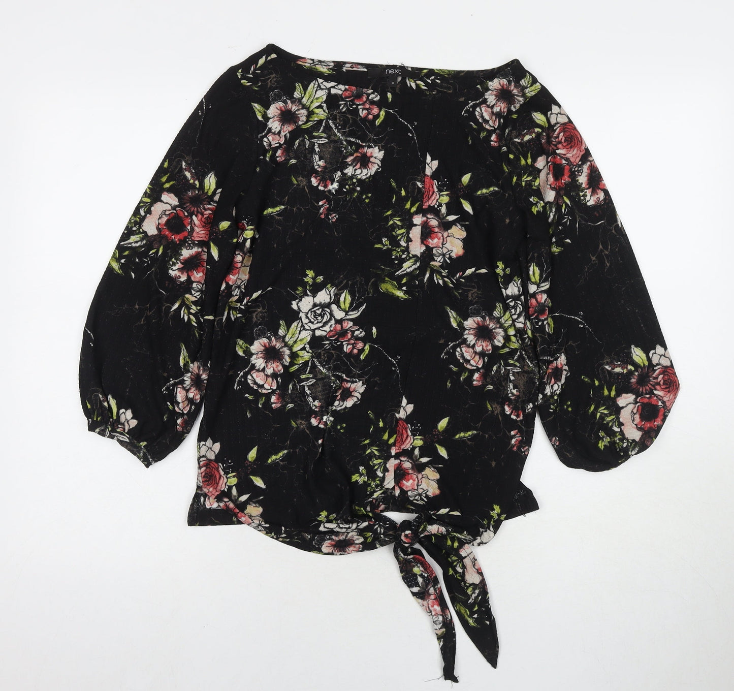 NEXT Womens Black Floral Viscose Basic T-Shirt Size 6 Round Neck