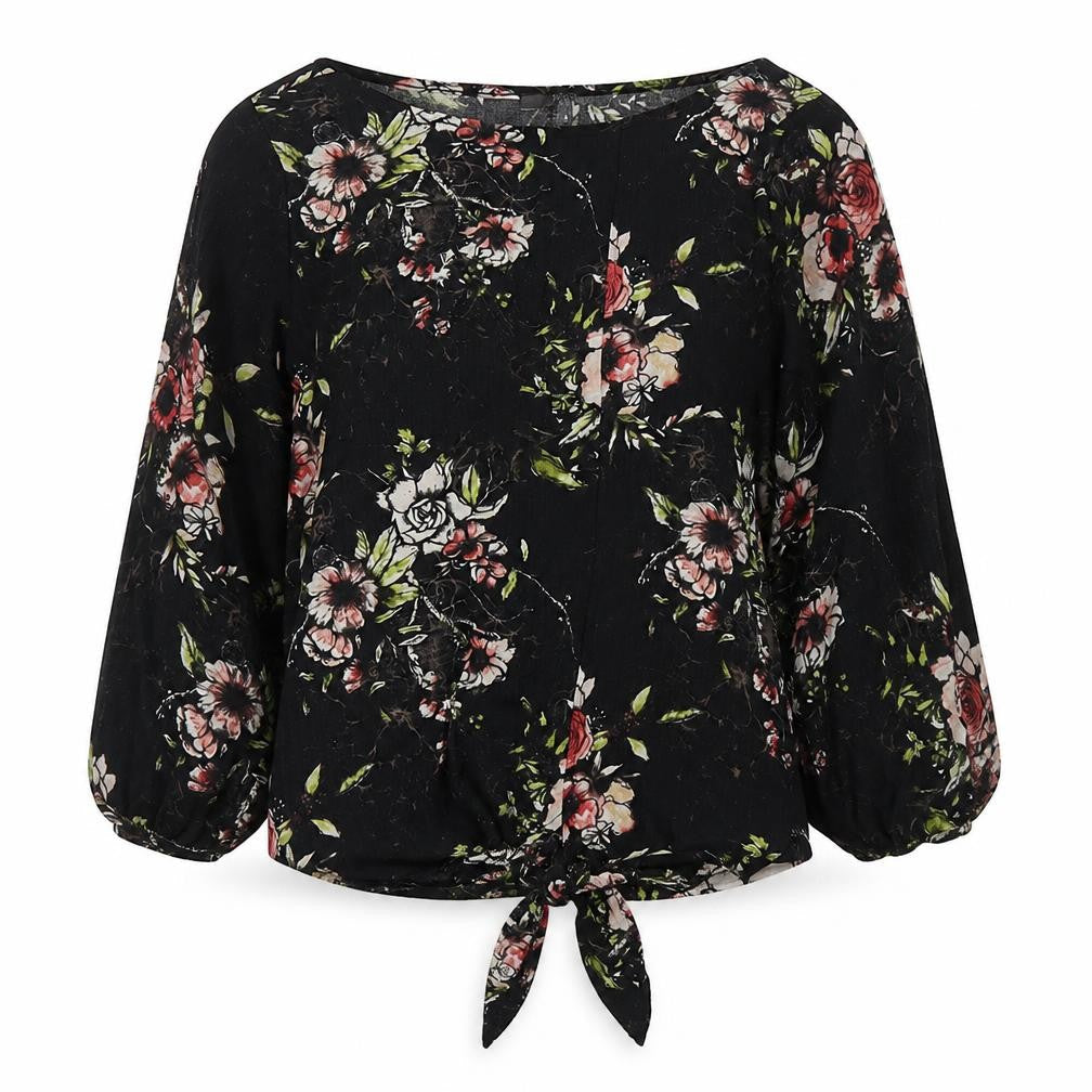 Next Womens Black Floral Viscose Basic T-Shirt Size 6 Round Neck