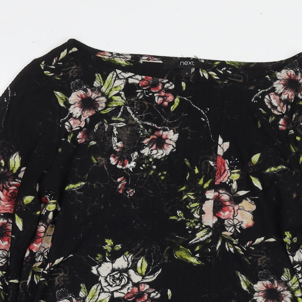NEXT Womens Black Floral Viscose Basic T-Shirt Size 6 Round Neck