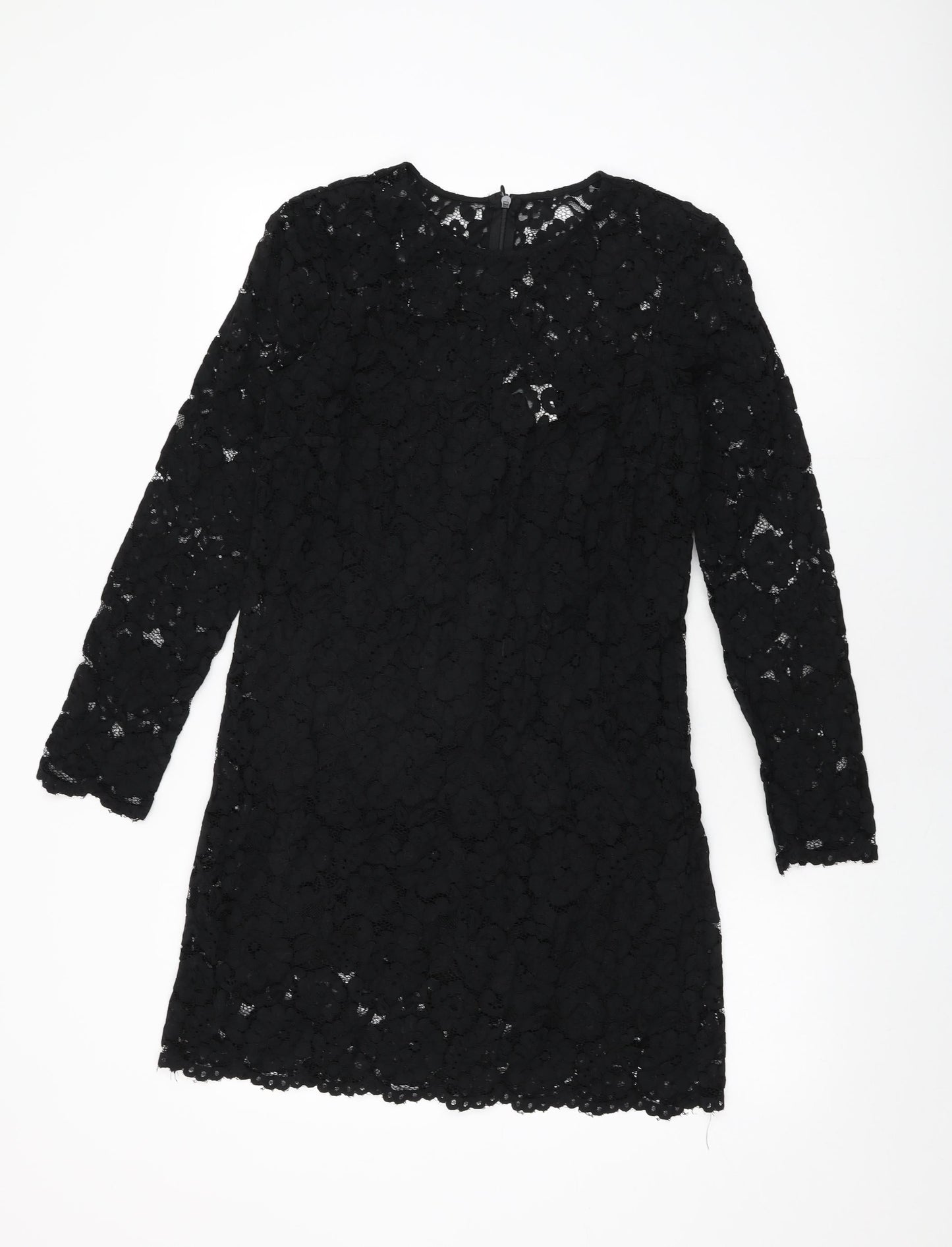 H&M Womens Black Floral Viscose Shift Size 8 Round Neck Zip