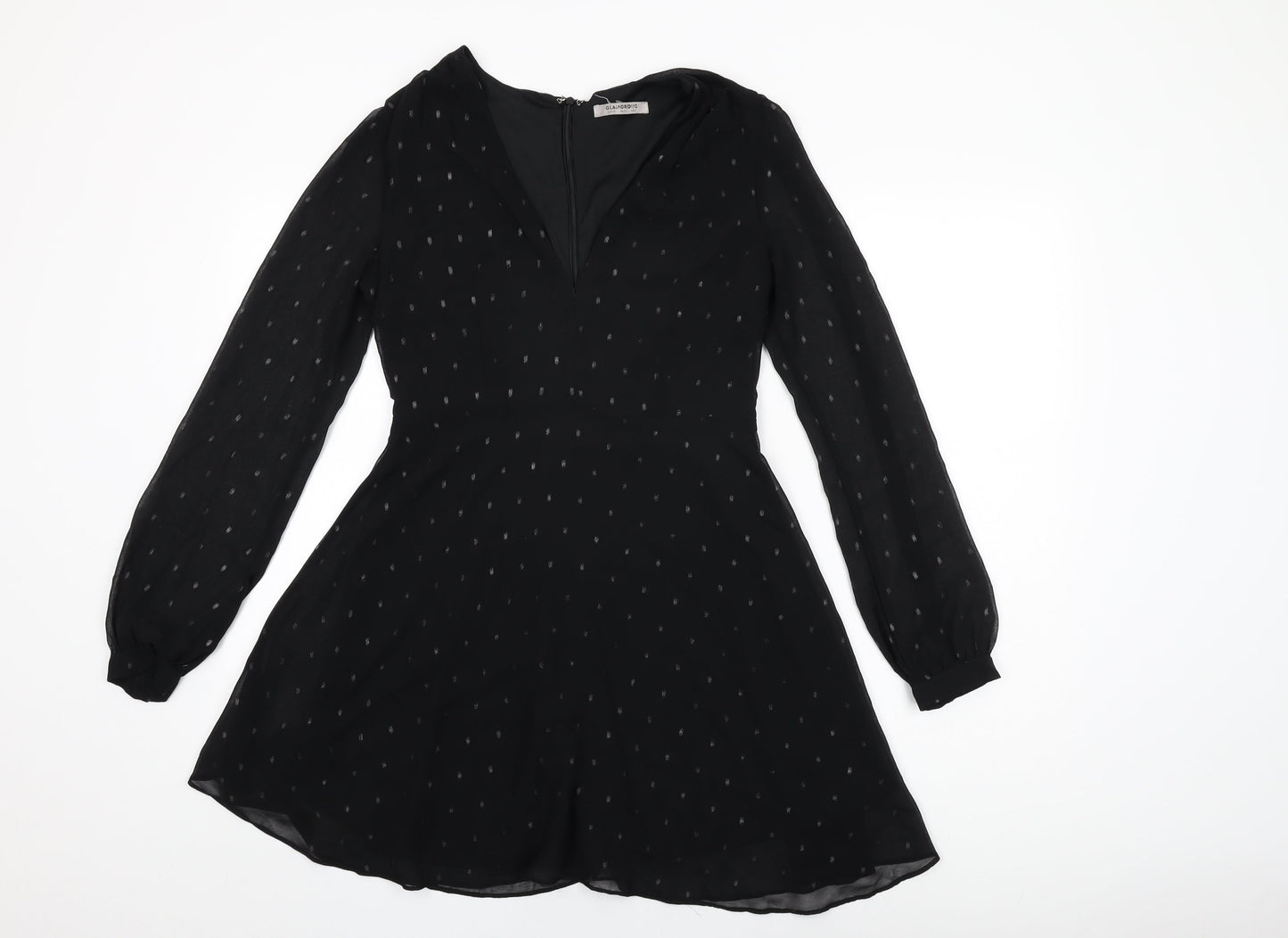 Glamorous Womens Black Polka Dot Polyester Skater Dress Size 10 V-Neck Zip