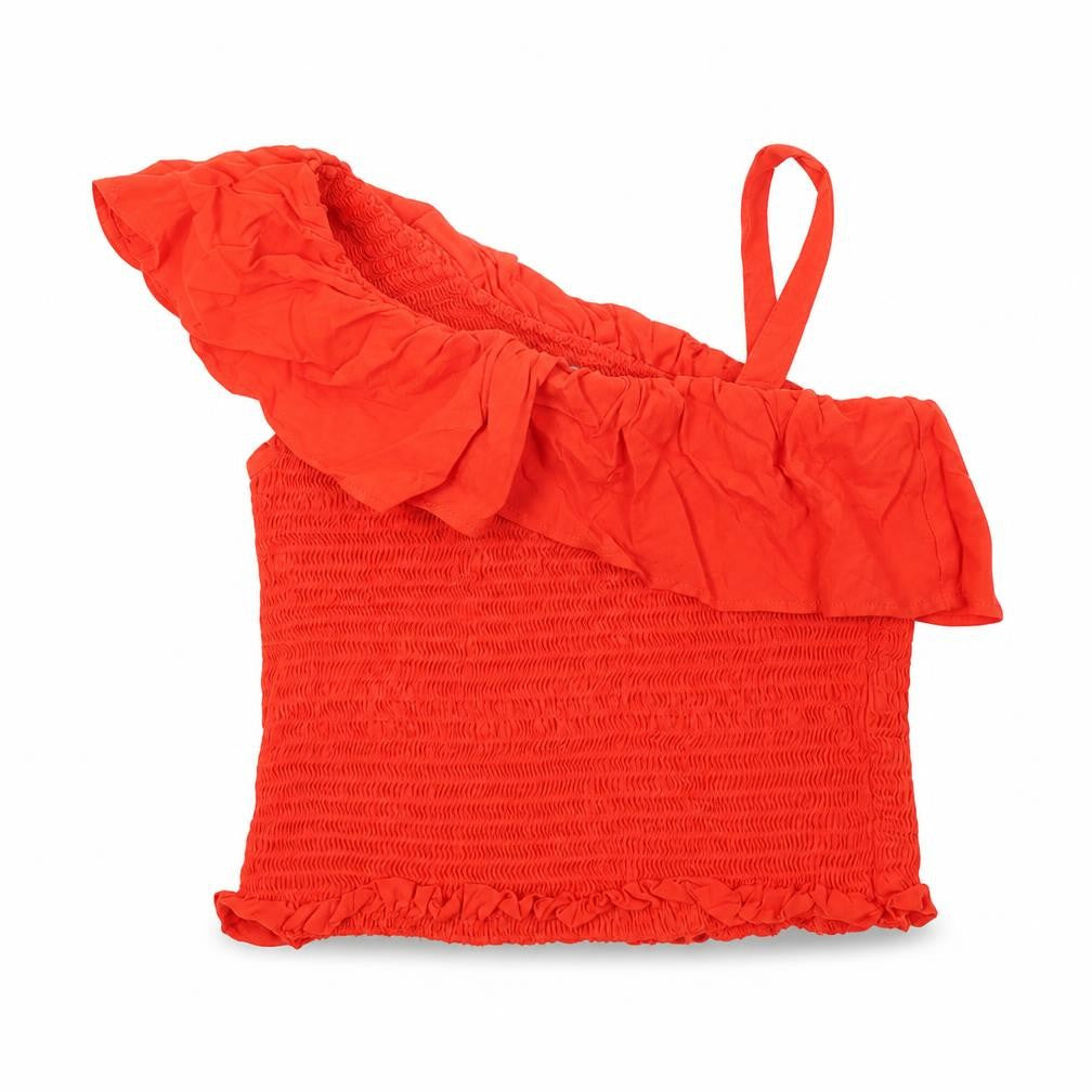 Front view of Very girls’ red viscose basic t-shirt, size 10, years one shoulder pullover