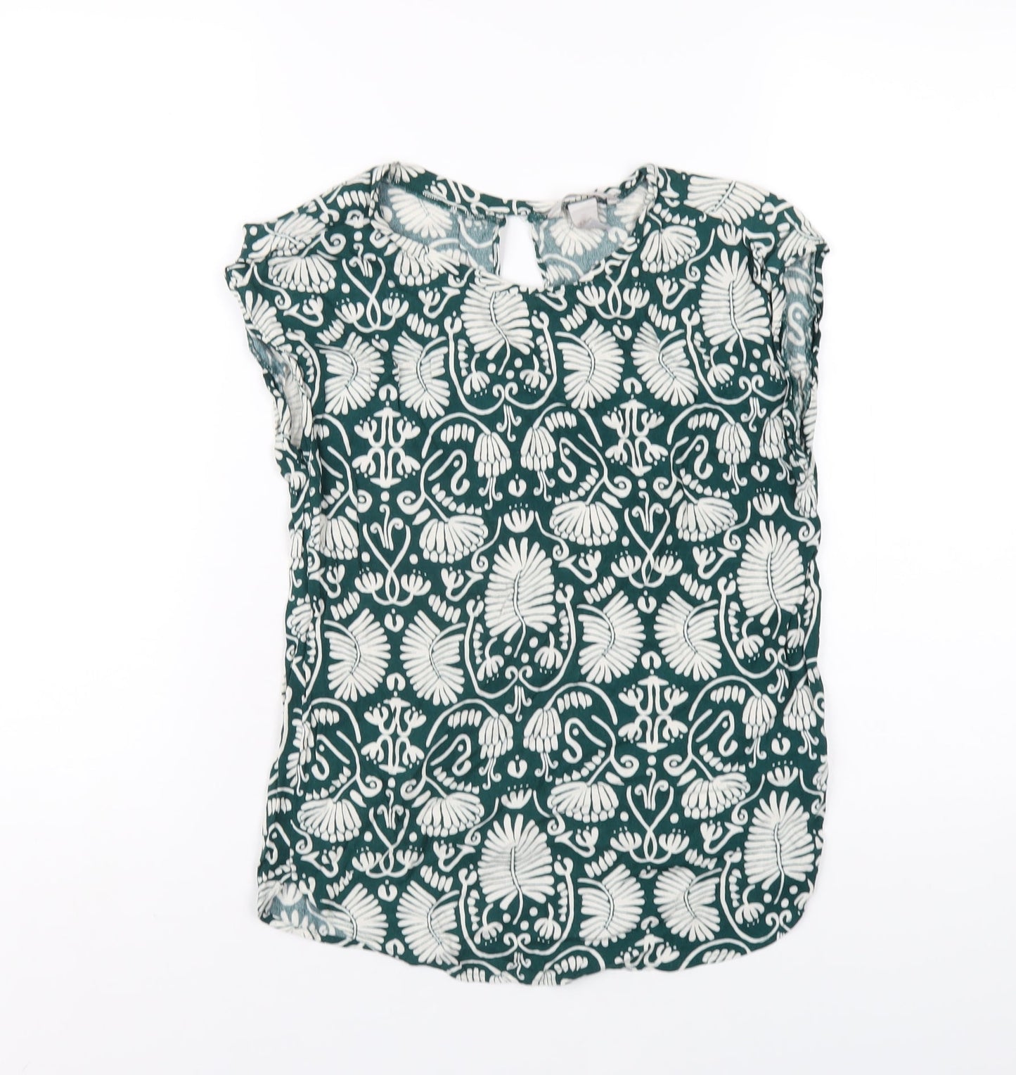 H&M Womens Green Geometric Viscose Basic T-Shirt Size 4 Round Neck