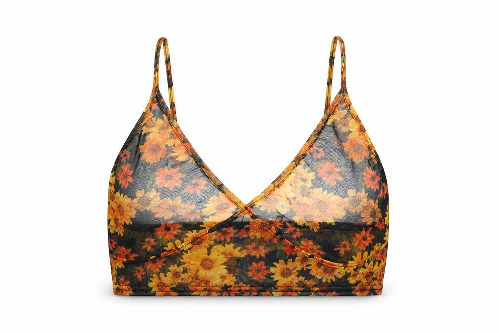PRETTYLITTLETHING Womens Orange Floral Polyester Cropped T-Shirt Size 14 V-Neck