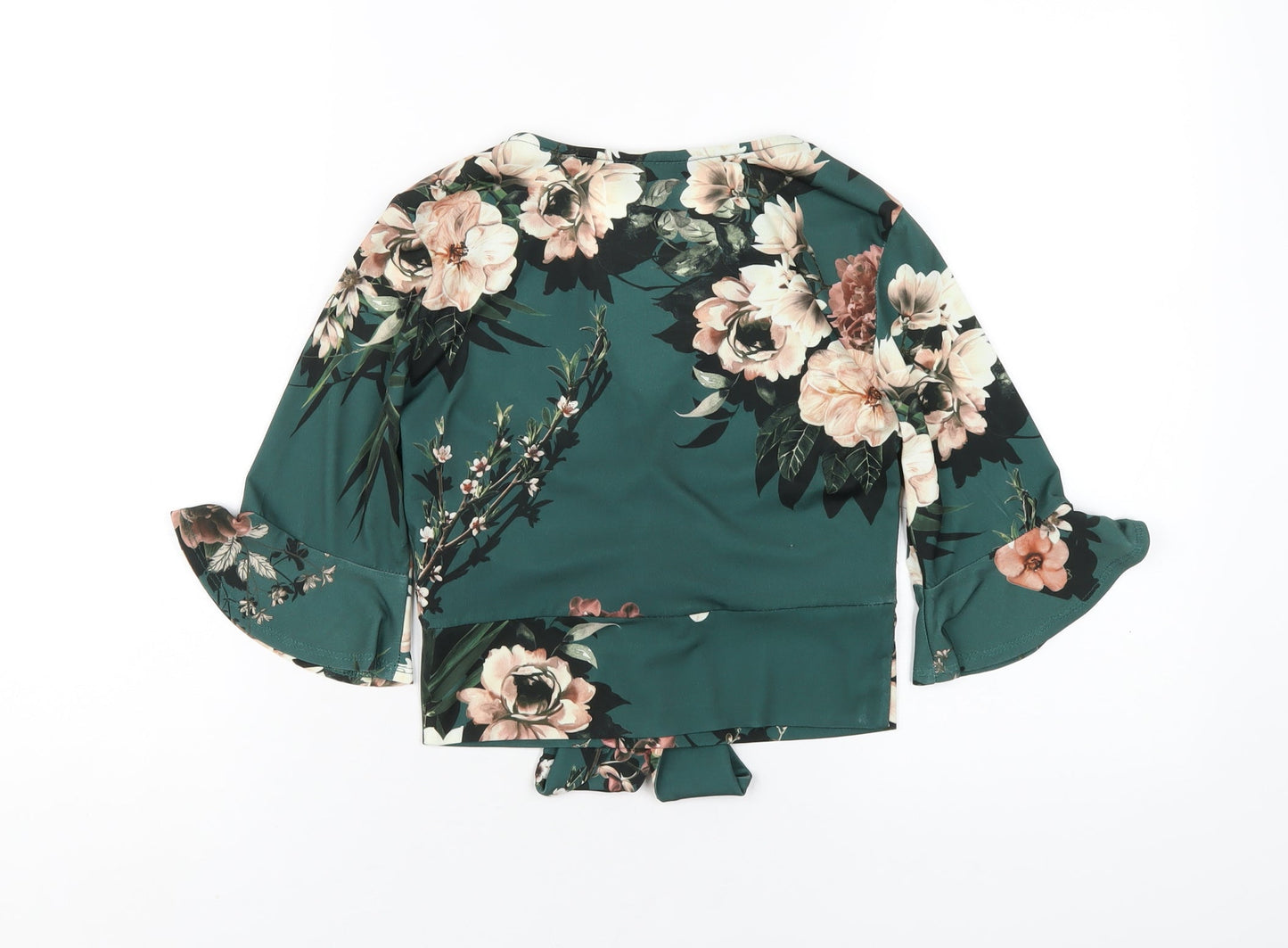 New Look Womens Green Floral Polyester Cropped T-Shirt Size 8 V-Neck