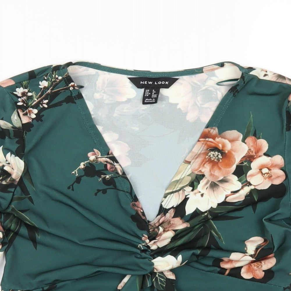 New Look Womens Green Floral Polyester Cropped T-Shirt Size 8 V-Neck