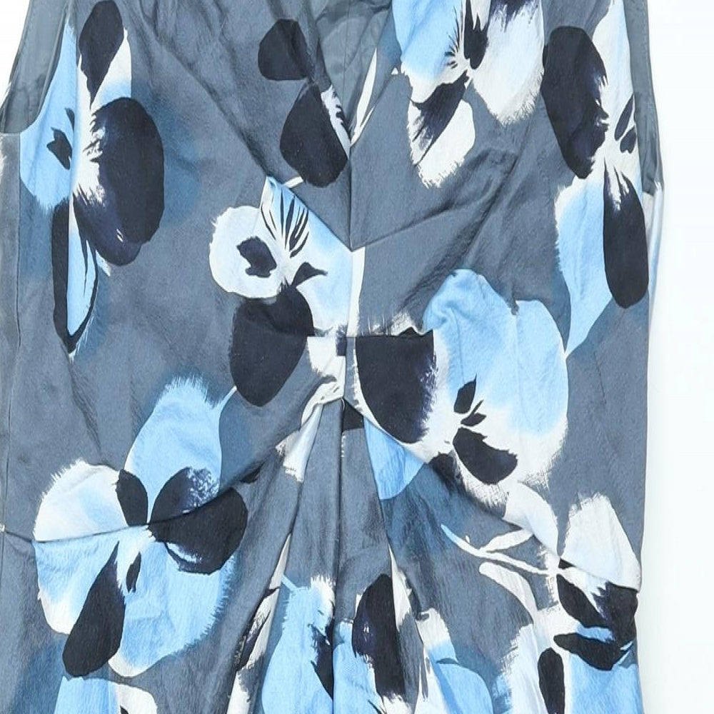 Fenn Wright Manson Womens Blue Floral Silk Pencil Dress Size 12 V-Neck Zip