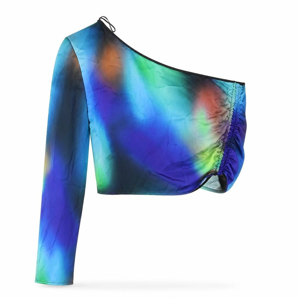 Bershka Womens Multicoloured Geometric Polyester Cropped Blouse Size S One Shoulder - Shoulder Pad Ombre