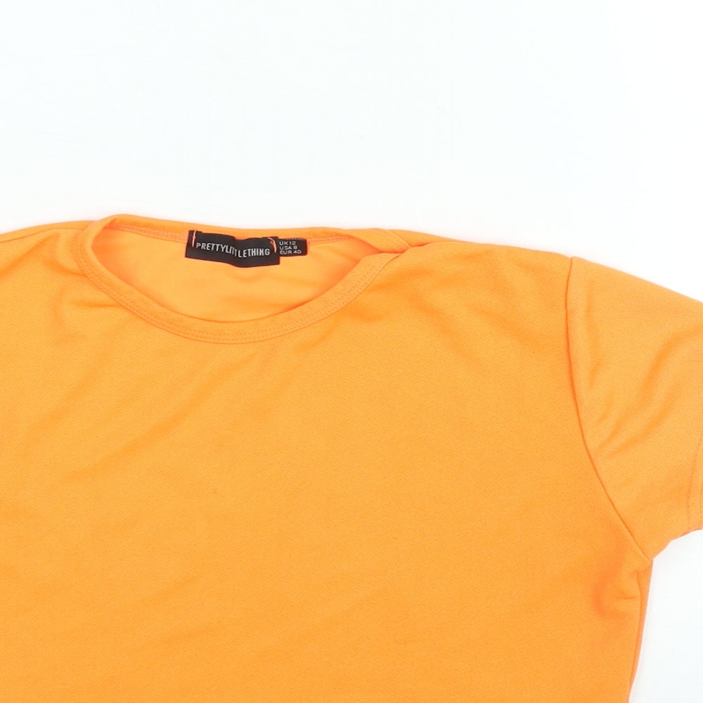 PRETTYLITTLETHING Womens Orange Polyester Cropped T-Shirt Size 12 Round Neck - Neon