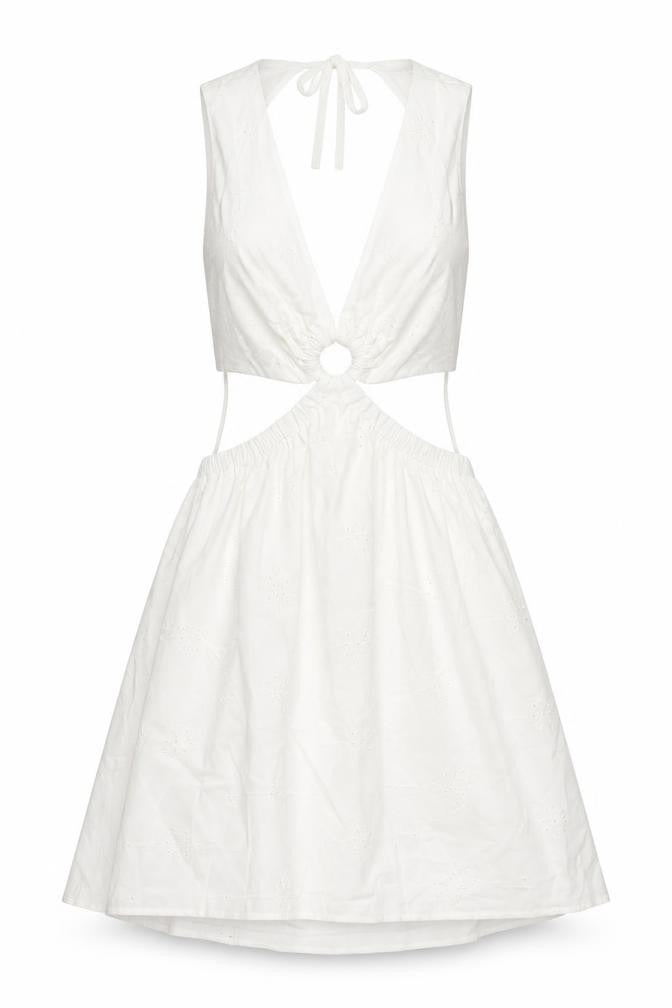 Berhska Womens White Cotton A-Line Size XS V-Neck Tie - Cut Out Embroidered