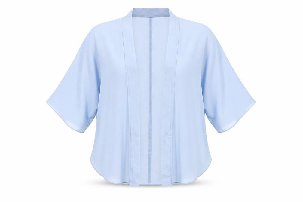 Front view of ASOS women’s blue polyester kimono blouse, size UK 10, v-neck
