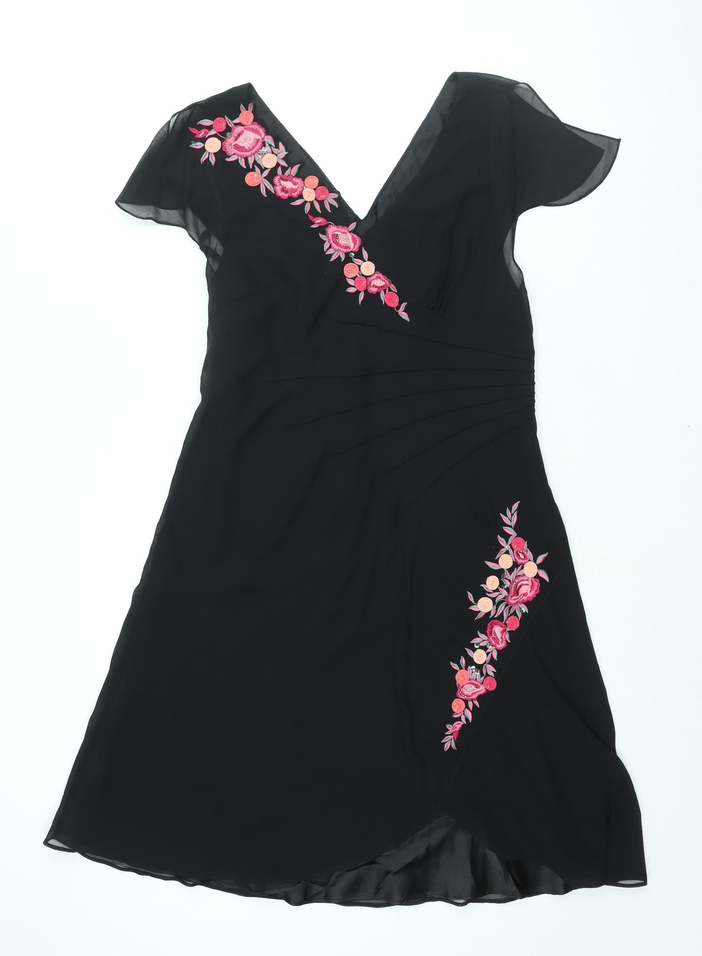 Randi May Womens Black Polyester Shift Size 14 V-Neck Zip - Floral Embroidery