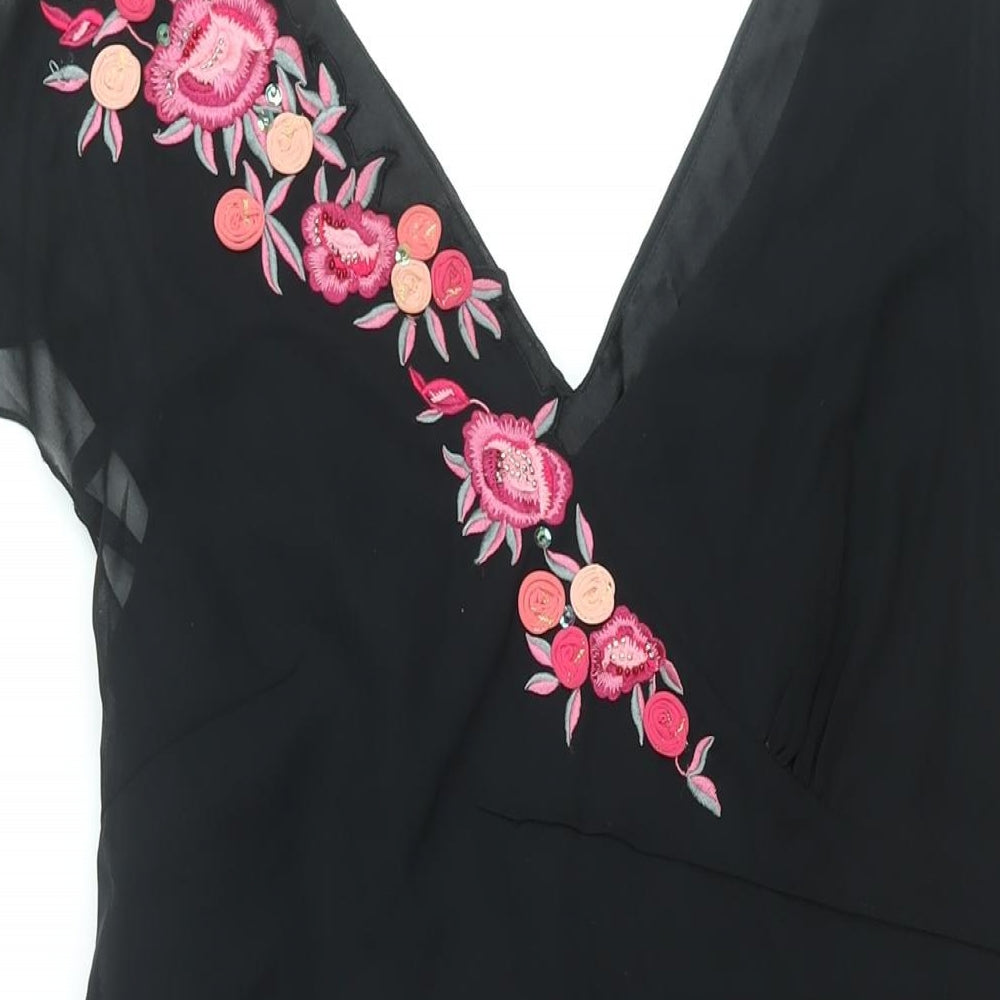 Randi May Womens Black Polyester Shift Size 14 V-Neck Zip - Floral Embroidery