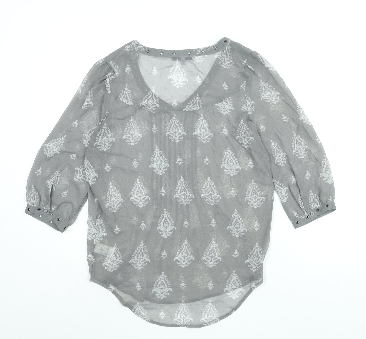 NEXT Womens Grey Geometric Polyester Basic Blouse Size 8 V-Neck - Eyelet Detail Semi Sheer