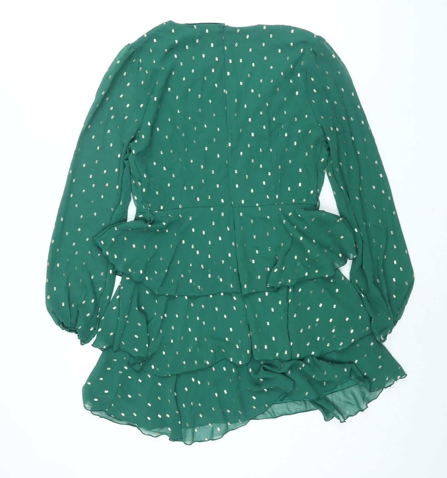 Quiz Womens Green Geometric Polyester A-Line Size 8 V-Neck Zip - Layered Frill
