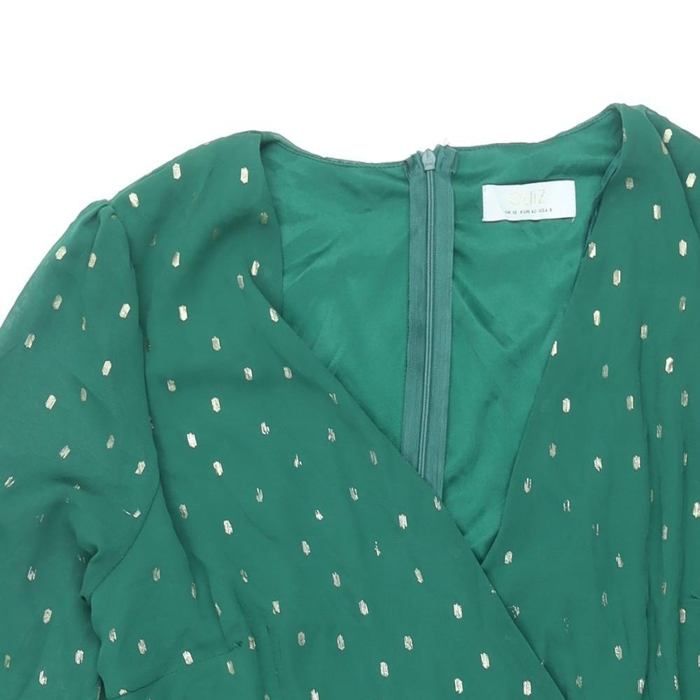 Quiz Womens Green Geometric Polyester A-Line Size 8 V-Neck Zip - Layered Frill