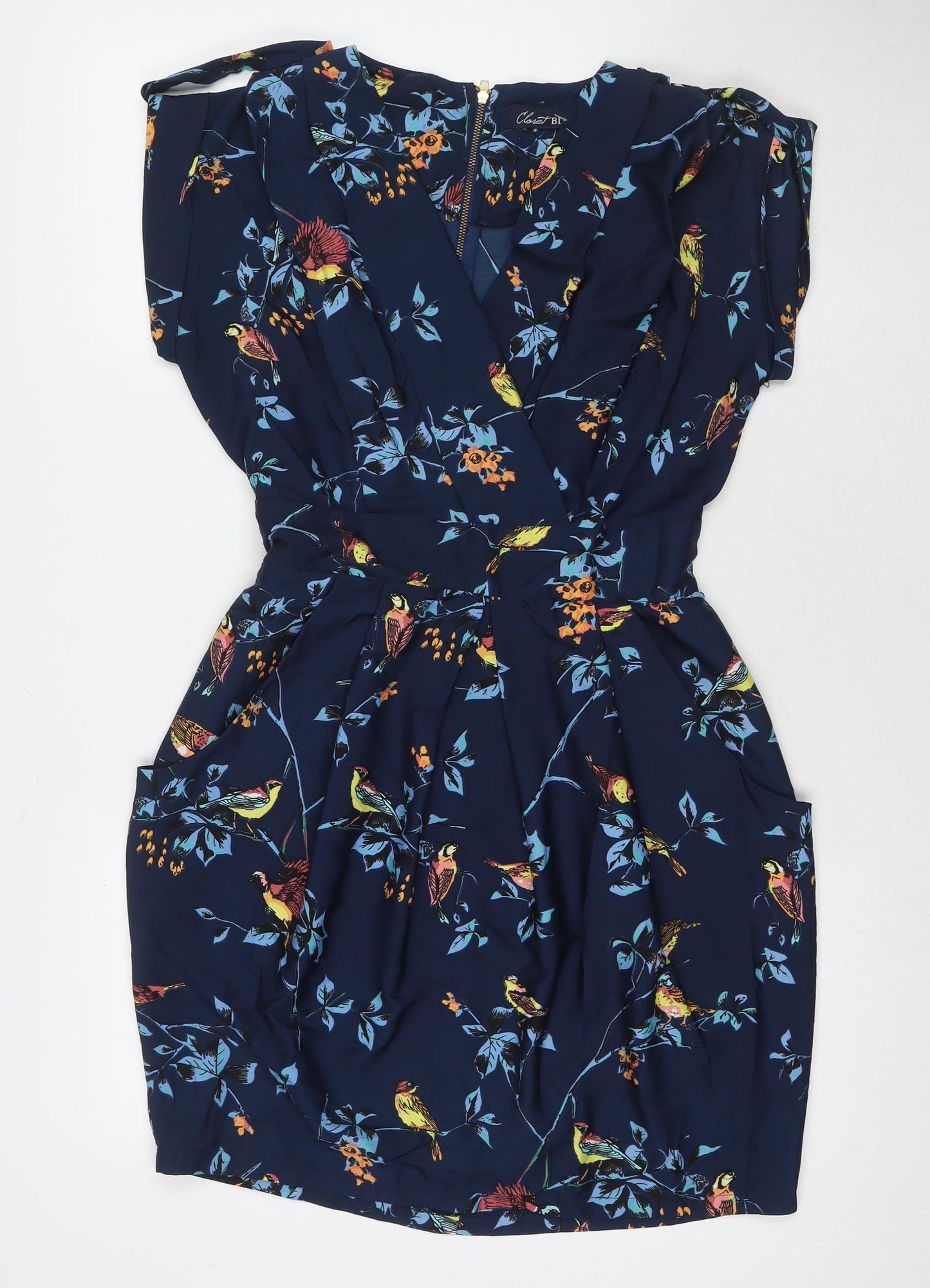 Closet Womens Blue Floral Polyester A-Line Size 12 V-Neck Zip