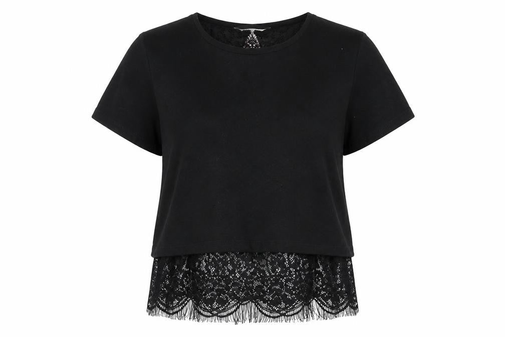 Front view of Miss Selfridge women’s black polyester basic t-shirt, size UK 10, round neck