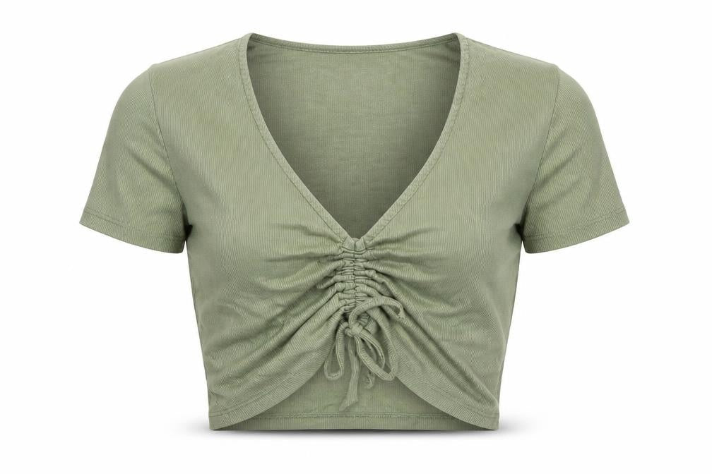 Zara Womens Green Herringbone Cotton Cropped T-Shirt Size M V-Neck