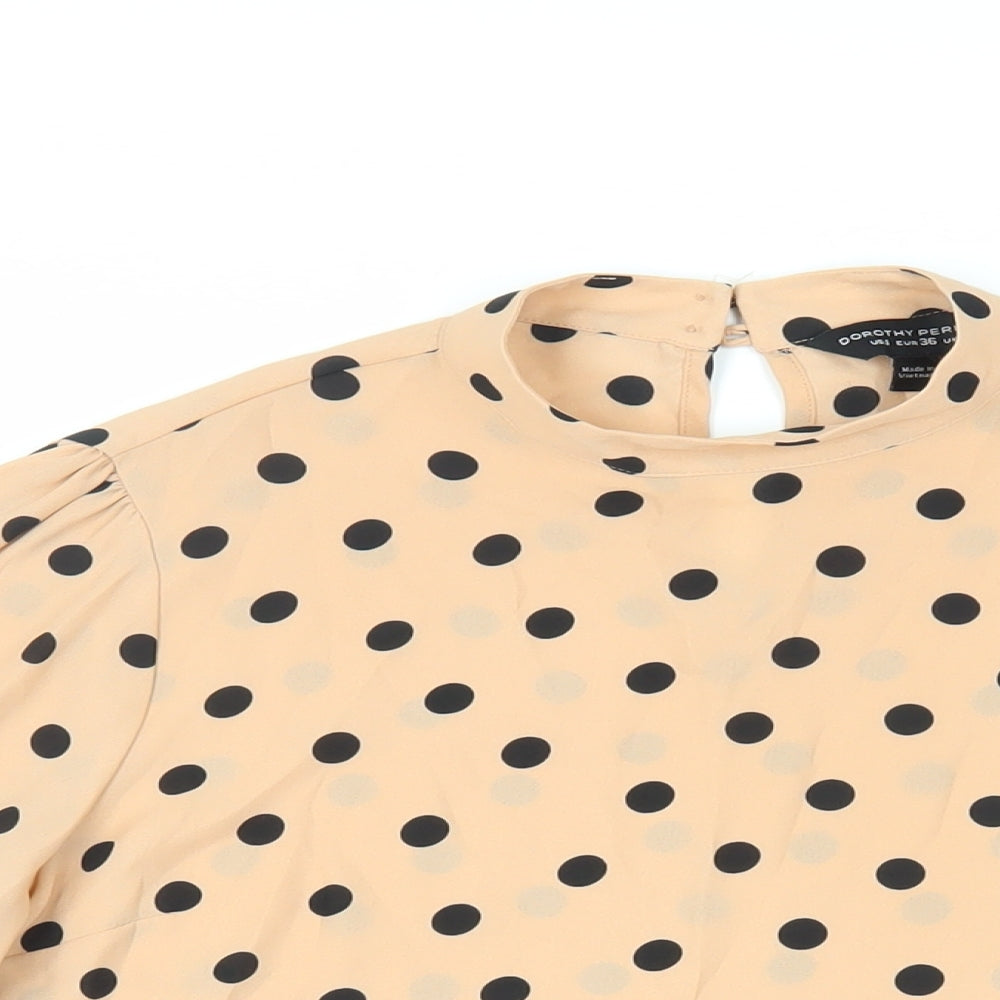 Dorothy Perkins Womens Beige Polka Dot Polyester Basic Blouse Size 8 Mock Neck