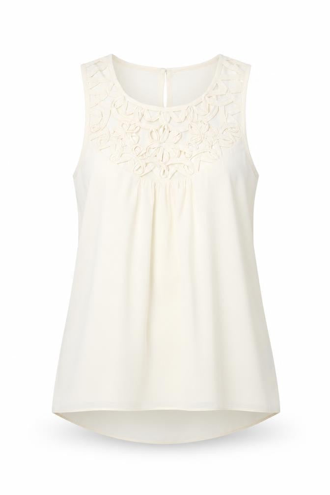 Front view of Miss Selfridge women’s ivory polyester basic blouse, size UK 10, round neck - neckline detail