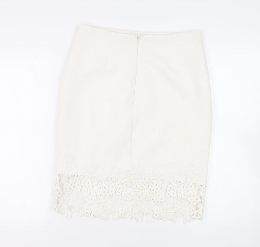 Lipsy London Womens White Polyester Straight & Pencil Skirt Size 14 Zip - Crocheted Lace Detail