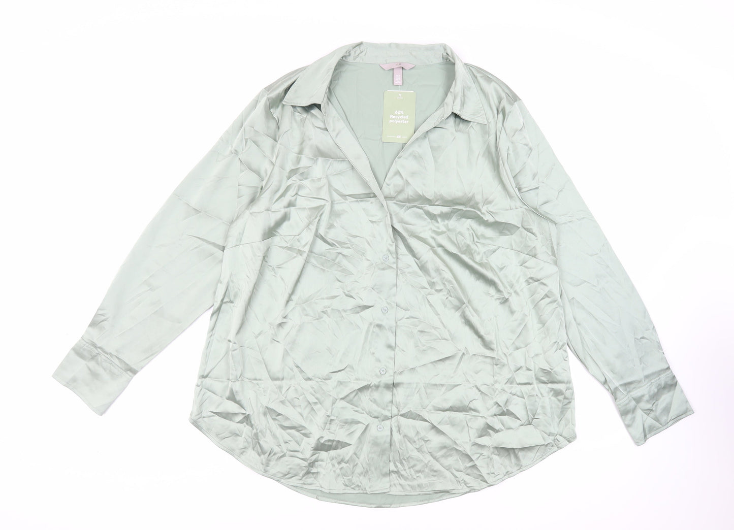 H&M Womens Green Polyester Basic Button-Up Size XL Collared