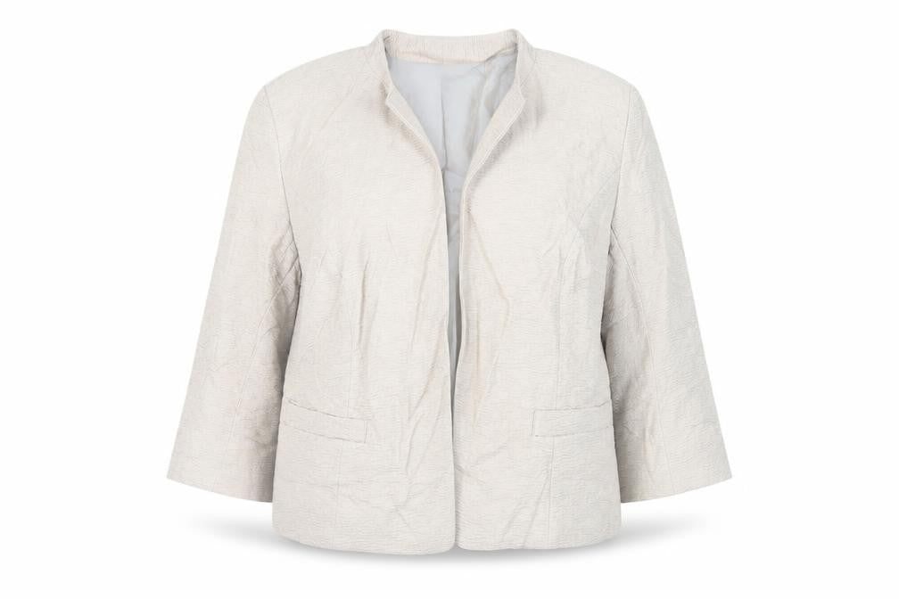 Front view of Betty Jackson women’s beige jacket blazer, size UK 16, - open