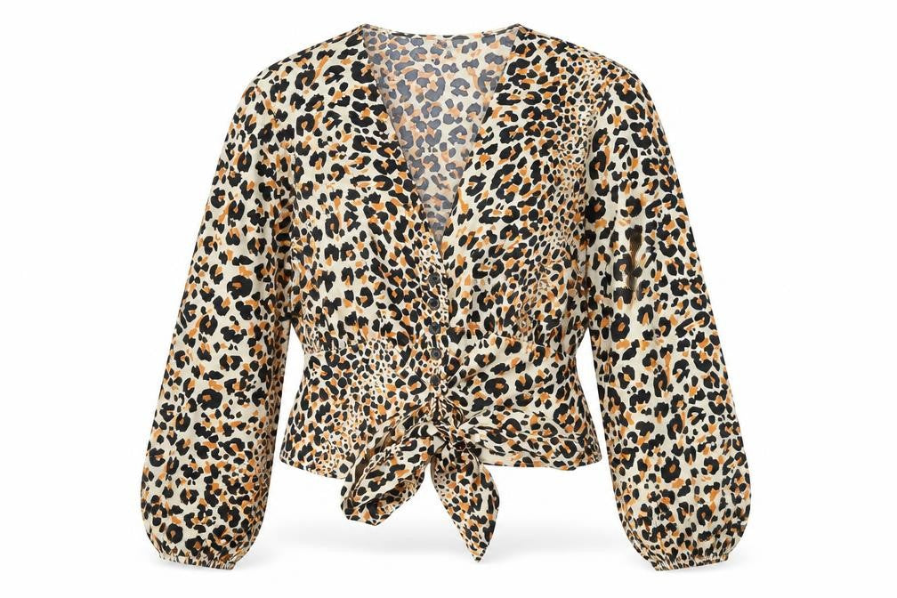 Topshop Womens Beige Animal Print Polyester Basic Blouse Size 10 V-Neck - Tie Front