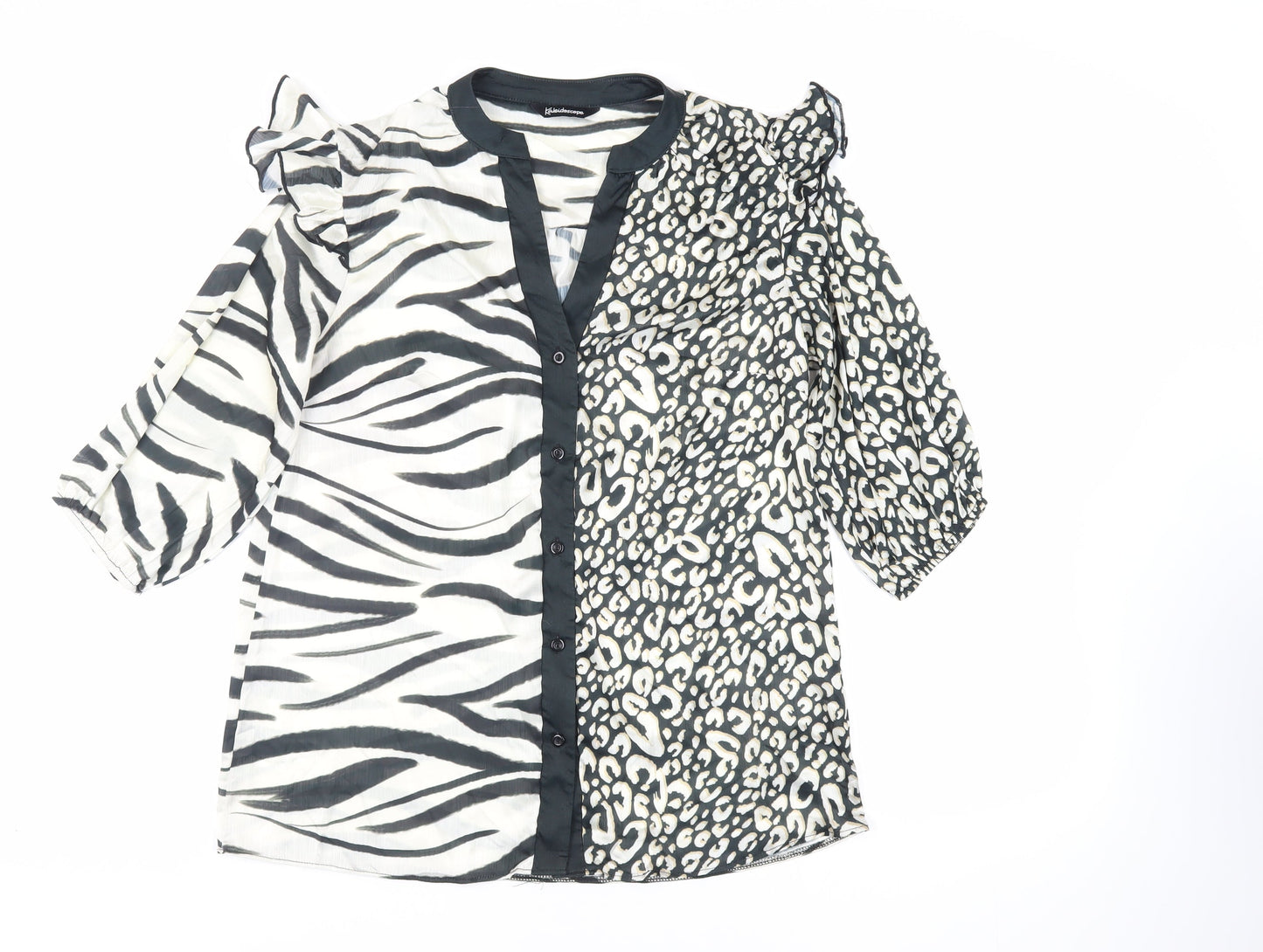 Kaleidoscope Womens Black Animal Print Polyester Basic Button-Up Size 10 V-Neck