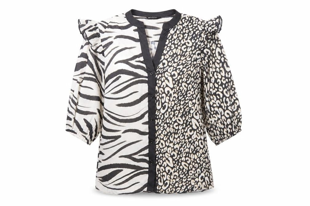 Front view of Kaleidoscope women’s black animal print polyester basic button-up, size UK 10, v-neck