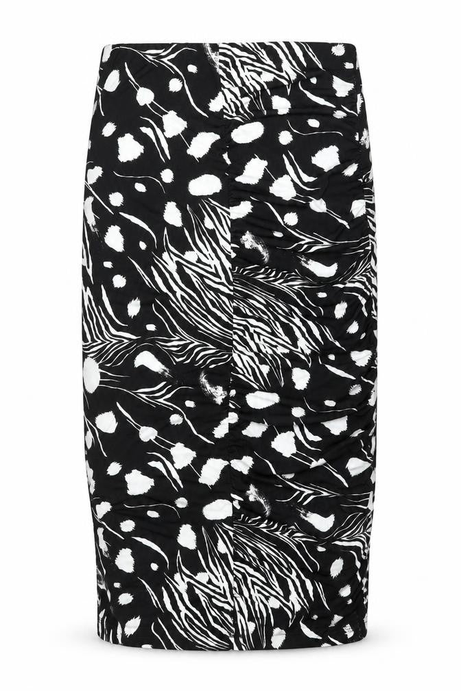 Front view of ASOS women’s black geometric polyester straight & pencil skirt, size UK 14, - rouched