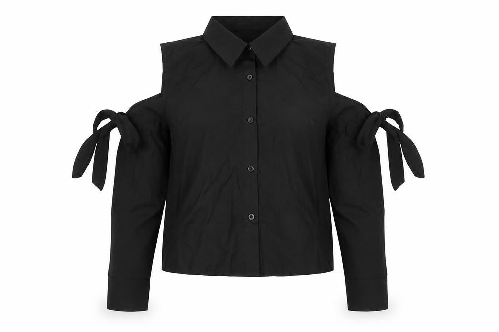 Boohoo Womens Black Polyester Basic Blouse Size 6 Collared - Cold Shoulder Tie
