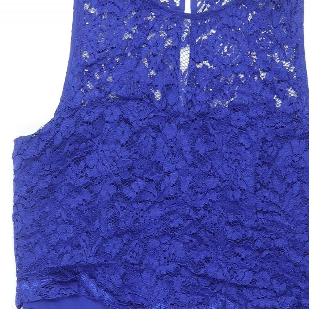 Oasis Womens Blue Polyamide Shift Size 14 Round Neck Button - Lace Bodice