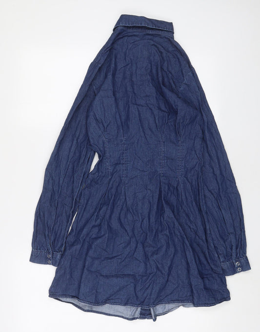 Pimkie Womens Blue Cotton A-Line Size 8 Collared Snap