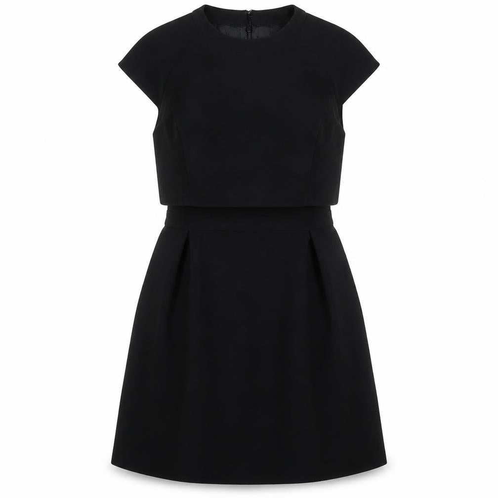Front view of ASOS women’s black polyester a-line, size UK 10, crew neck zip